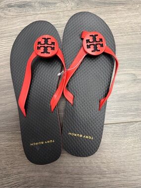 Tory Burch Black Footbed with Red Logo Thong Sandals